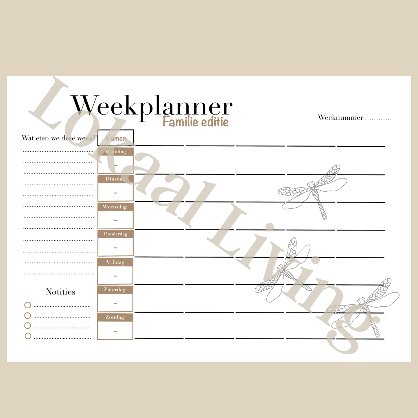 Familie weekplanner Libelle (printable)