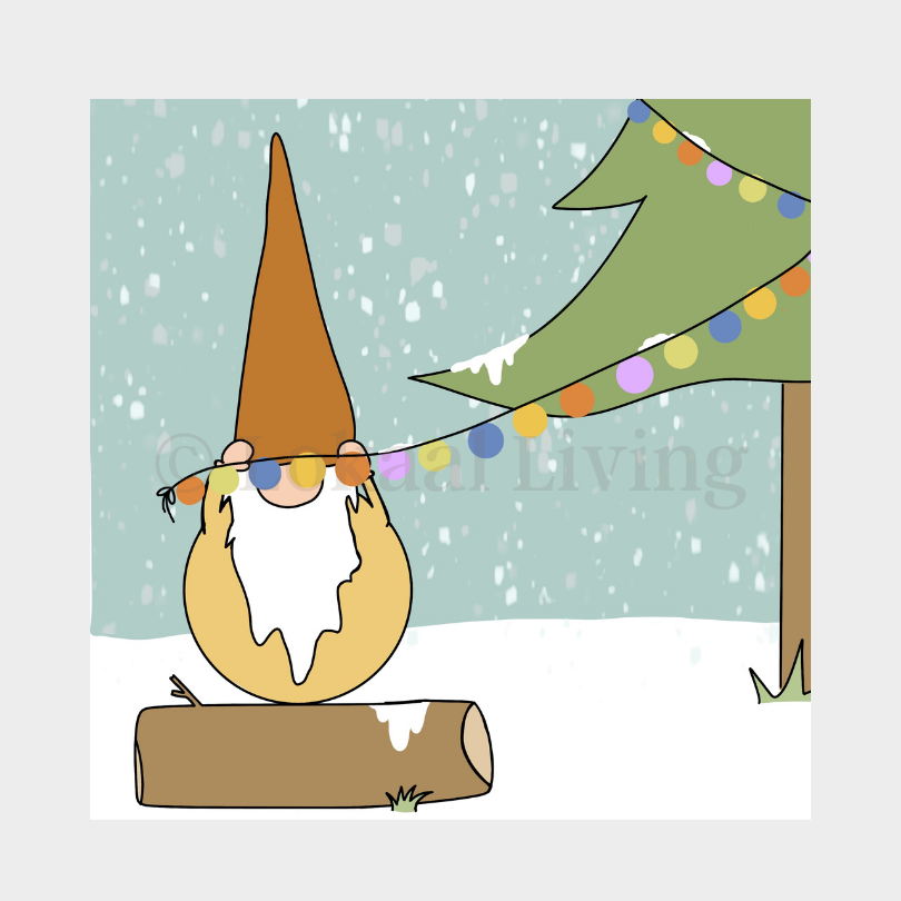Wenskaart Kerstgnoom met kerstboom (kerstkaart)