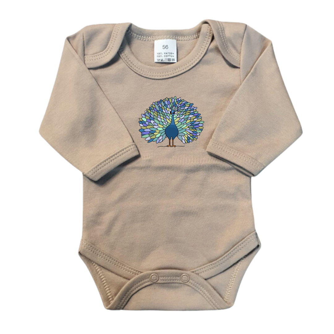 Rompers - maat 56-92 - zand - lange mouw - (ontwerp naar keuze)